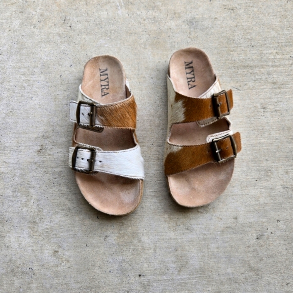 Myra Bag Cowhide Sandals with Adjustable Straps and Cork Sole